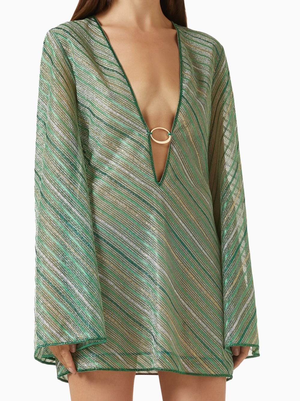 Oseree shiny striped kaftan mini dress with ring detail in green